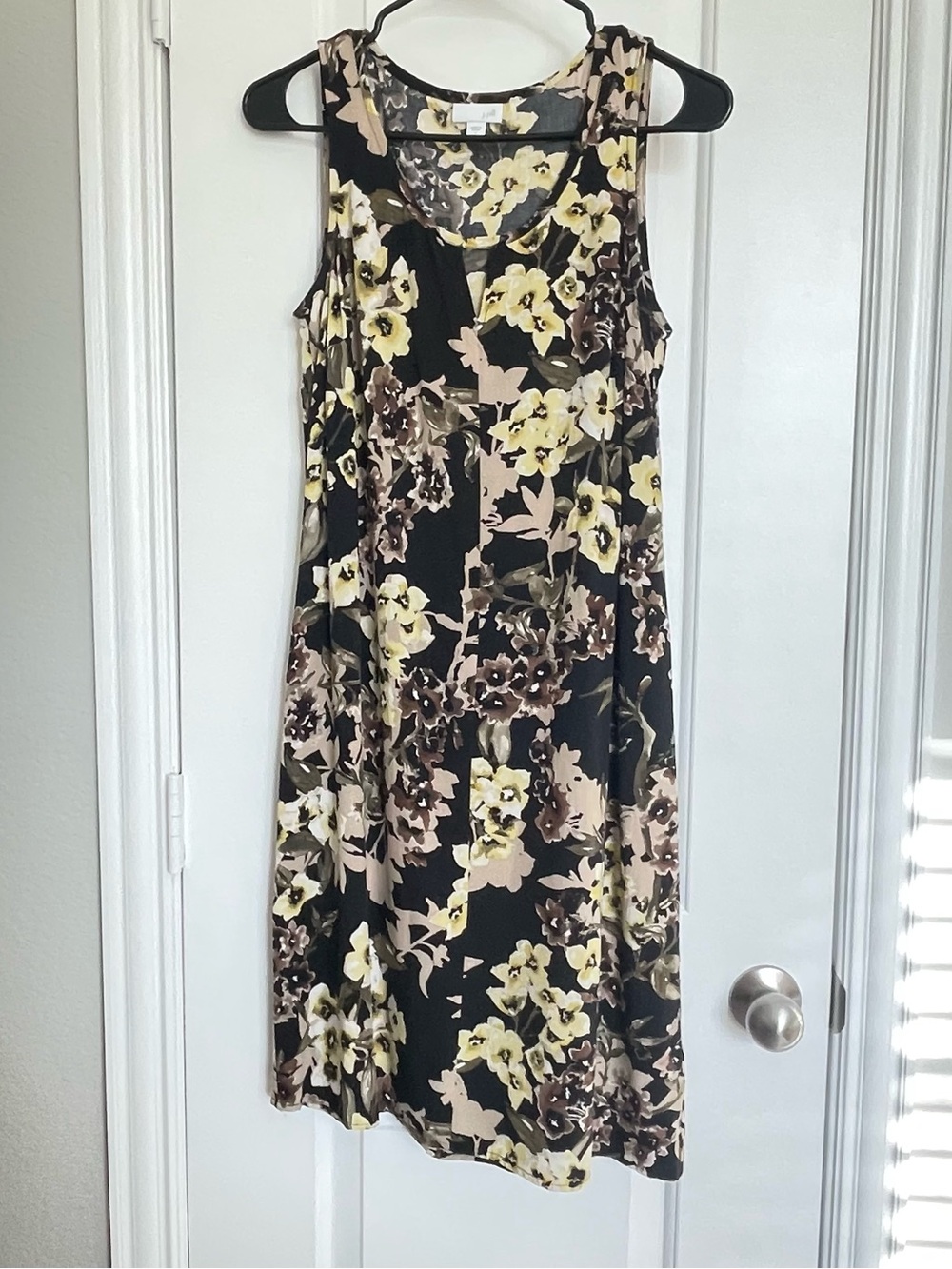 J. Jill Black Floral Sleeveless Dress with Yellow and Beige Blooms